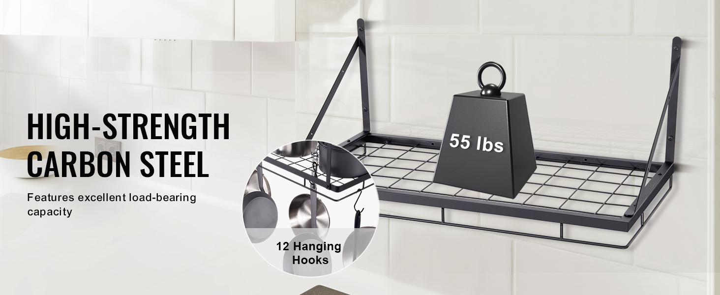 VEVOR pot rack in high-strength carbon steel holding a 55 lbs weight, with 12 hanging hooks.