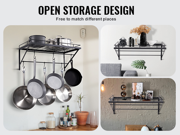VEVOR pot rack showcasing open storage design, hanging pots, and stylish kitchen decor with shelves.