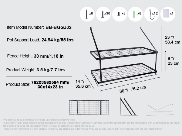 VEVOR pot rack, item bb-gggj02, 30x14x23 inches, supports 55 lbs, includes screws and hooks.