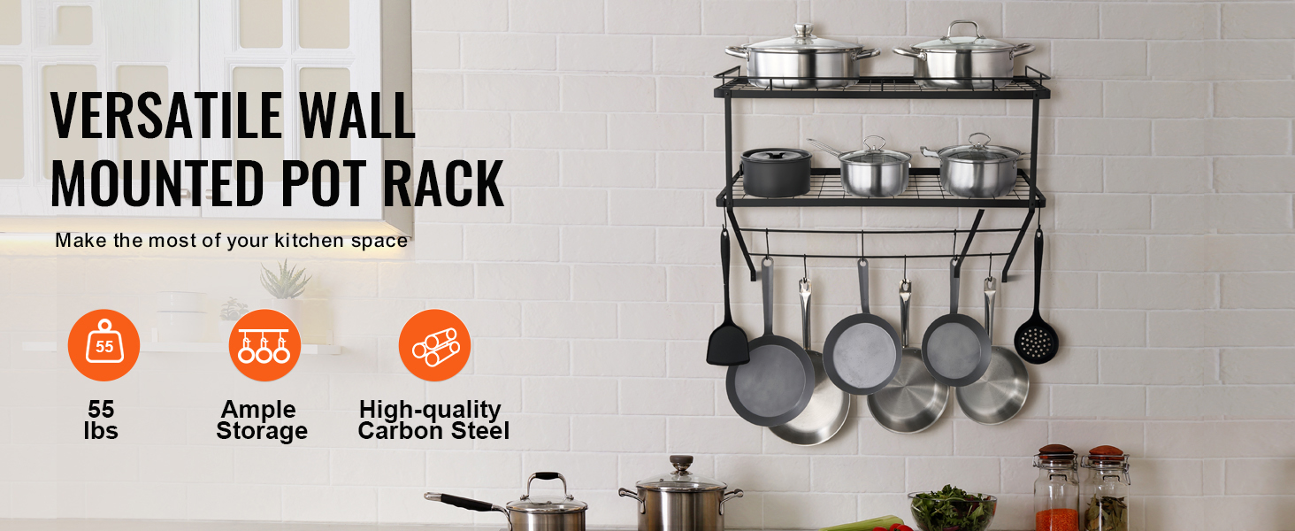 versatile wall-mounted VEVOR pot rack for 55 lbs, ample storage, and high-quality carbon steel.