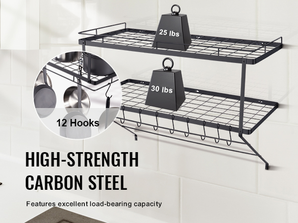 high-strength carbon steel VEVOR pot rack with two shelves holding weights and 12 hanging hooks.