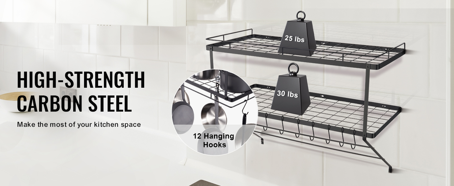 high-strength carbon steel VEVOR pot rack with two shelves holding weights and 12 hanging hooks.