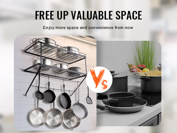VEVOR pot rack organizing kitchen with hanging pots and pans, freeing up counter space.