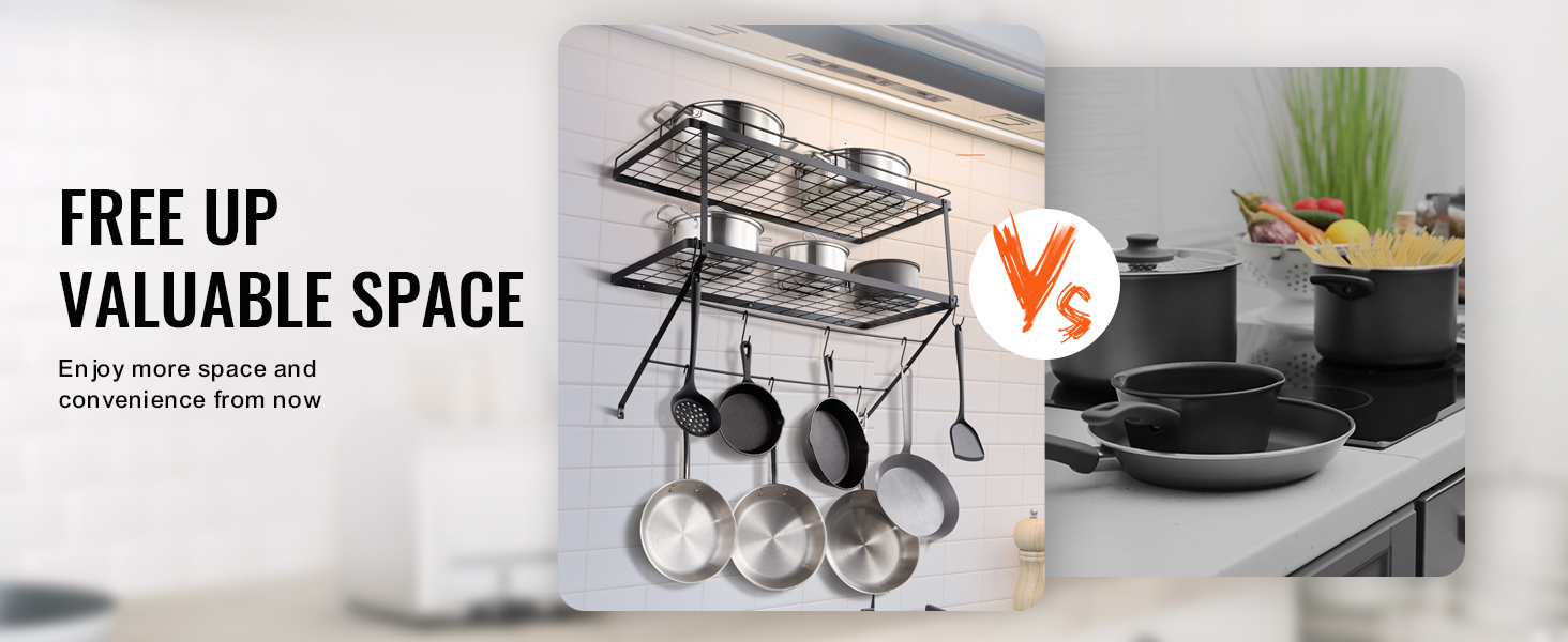 VEVOR pot rack organizing kitchen with hanging pots and pans, freeing up counter space.