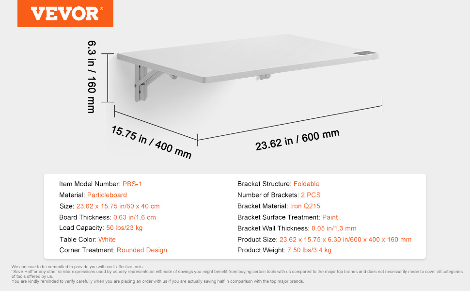 VEVOR wall mounted folding table dimensions and specifications, featuring a white particleboard surface.