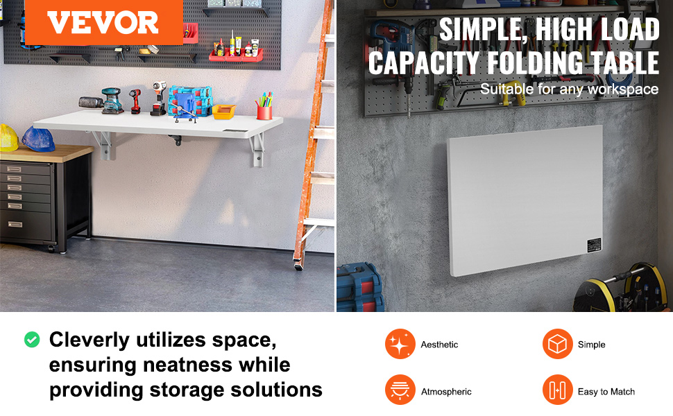 VEVOR wall mounted folding table in workshop, providing space-saving storage and neatness.