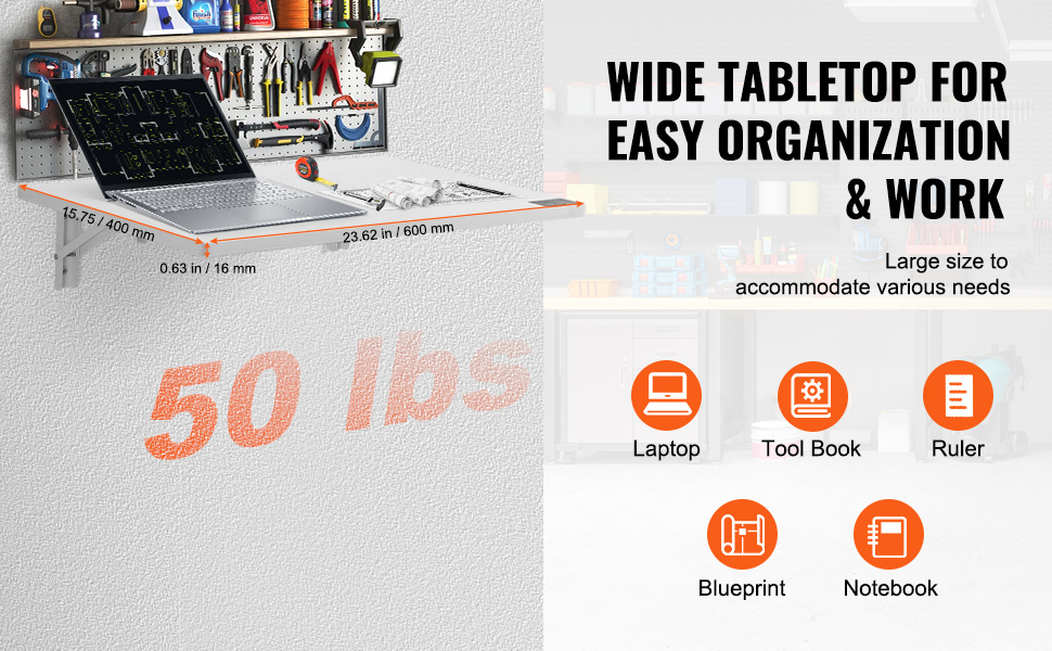 VEVOR wall mounted folding table holds laptop, tools, ruler, notebook; fits various needs, holds up to 50 lbs.
