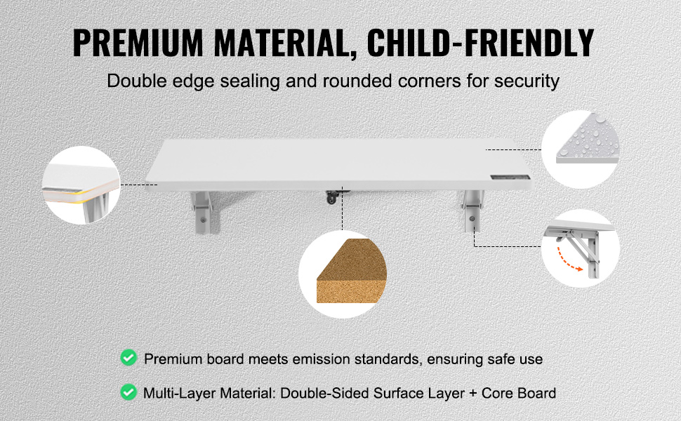 VEVOR wall mounted folding table: premium material, child-friendly, multi-layer, double edge sealing.