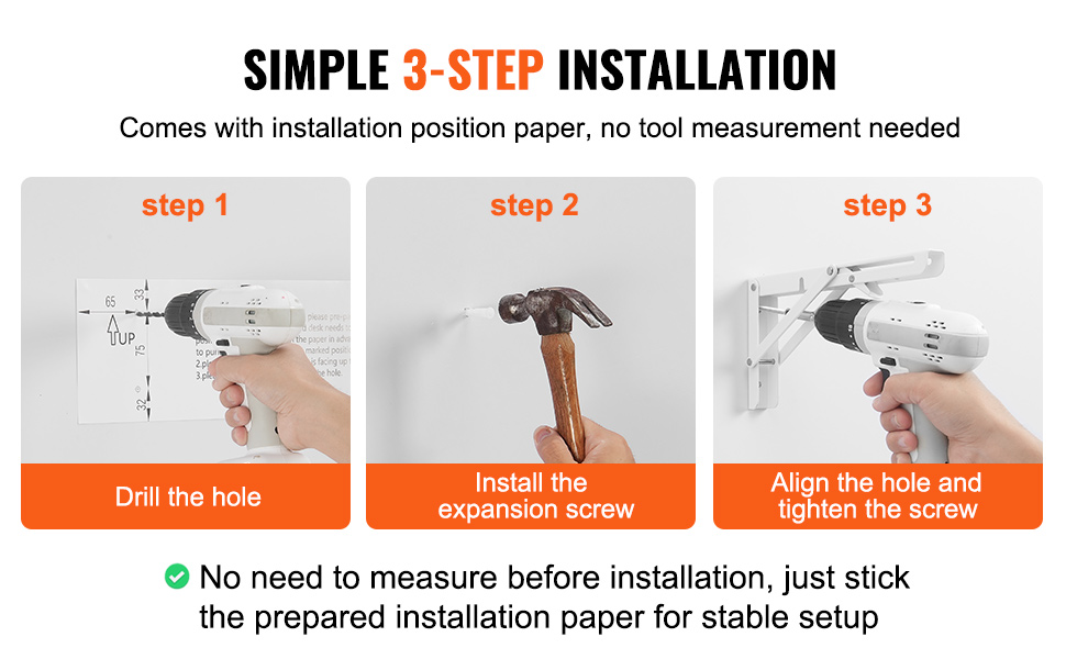 3-step installation guide for VEVOR wall mounted folding table: drill hole, install screw, align and tighten.