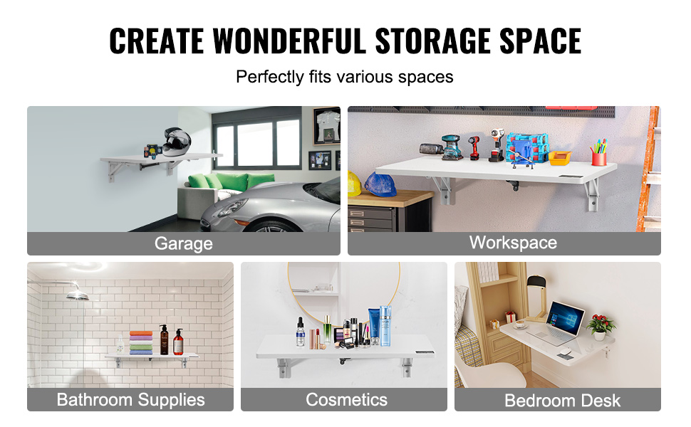VEVOR wall mounted folding table in garage, workspace, bathroom, cosmetics, and bedroom desk setups.