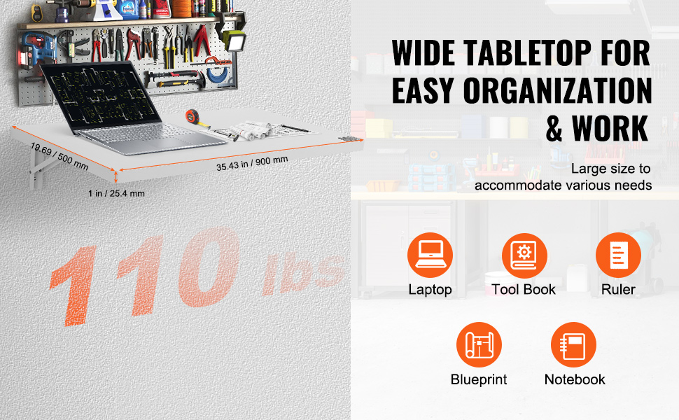 VEVOR wall mounted folding table with dimensions and load capacity, ideal for laptops and tools.