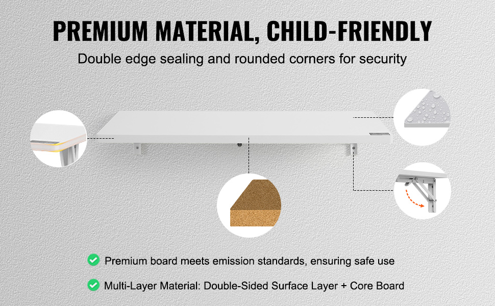 VEVOR wall mounted folding table with double edge sealing, rounded corners, and multi-layer surface.