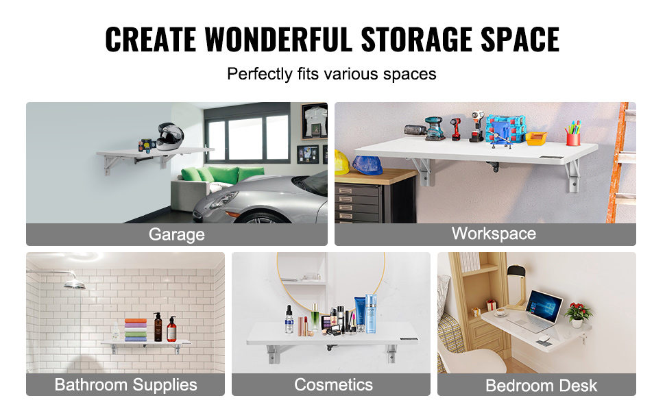VEVOR wall mounted folding table for garage, workspace, bathroom supplies, cosmetics, and bedroom desk.