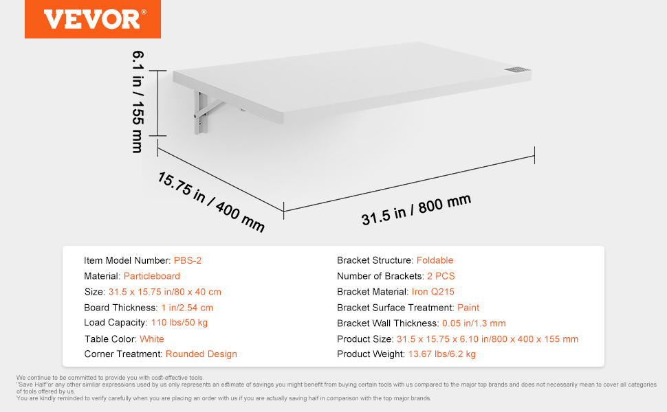 VEVOR wall mounted folding table with white particleboard, iron brackets, and a rounded design.