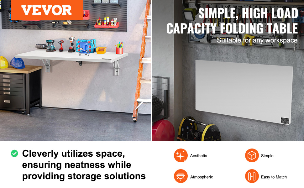VEVOR wall mounted folding table in a workshop, displaying tools and efficient storage usage.