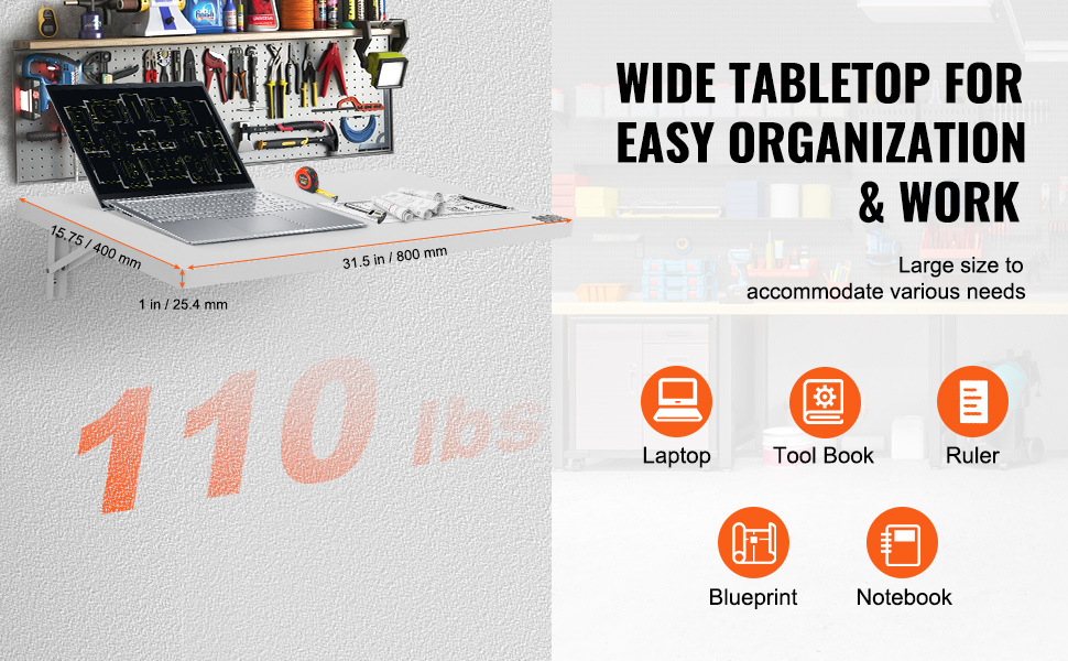VEVOR wall mounted folding table in a workshop with tools, laptop, blueprints, and notebook. holds up to 110 lbs.