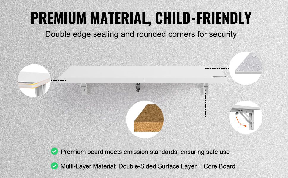 VEVOR wall mounted folding table with premium materials, rounded corners, and double edge sealing.