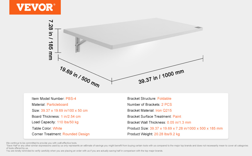 VEVOR wall mounted folding table, white particleboard, 39.37x19.69x7.28 inches, foldable with iron brackets.