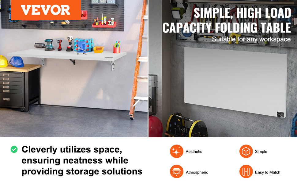 VEVOR wall mounted folding table neatly organized with tools and storage solutions, ideal for workspaces.