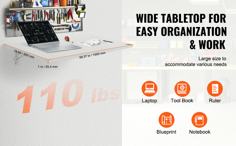 VEVOR wall mounted folding table for organizing tools, laptop, and blueprints, supporting up to 110 lbs.