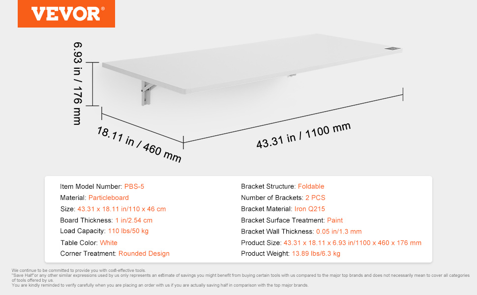 VEVOR wall mounted folding table, 43.31x18.11, foldable, white particleboard, 110 lbs capacity.