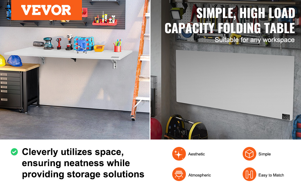 VEVOR wall mounted folding table, space-saving and versatile, perfect for workshops and garages.