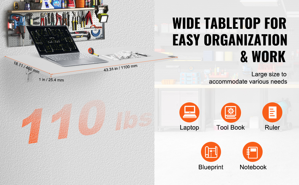 VEVOR wall mounted folding table with wide tabletop holding a laptop and tools, supporting 110 lbs.