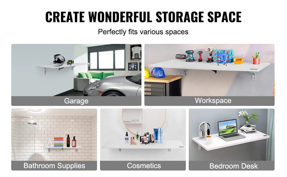 VEVOR wall mounted folding table in garage, workspace, bathroom, cosmetics, and bedroom desk settings.
