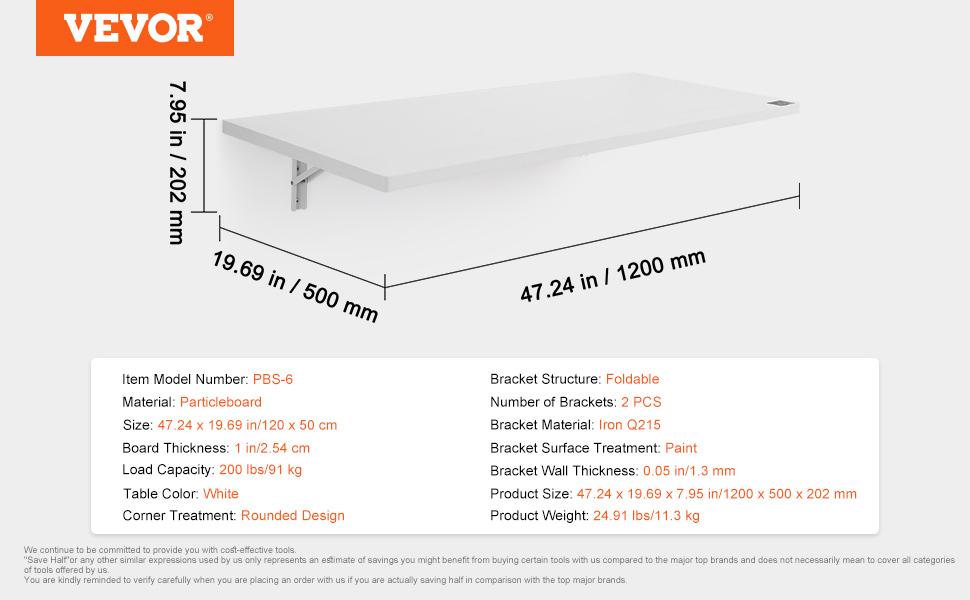 VEVOR wall mounted folding table, 47.24x19.69in, white particleboard with foldable brackets.