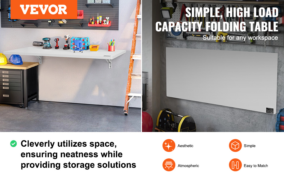 VEVOR wall mounted folding table in workspace, showcasing storage options and neat, practical design.