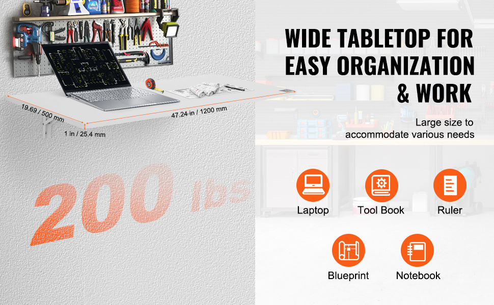 VEVOR wall mounted folding table with 200 lbs capacity for organizing tools and work essentials.