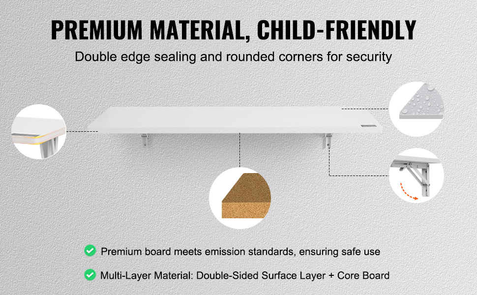 VEVOR wall mounted folding table with double edge sealing, rounded corners, premium multi-layer material.