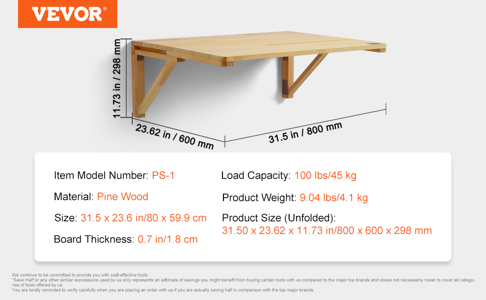VEVOR wall mounted folding table made of pine wood, dimensions 31.5 x 23.6 x 11.73 inches.
