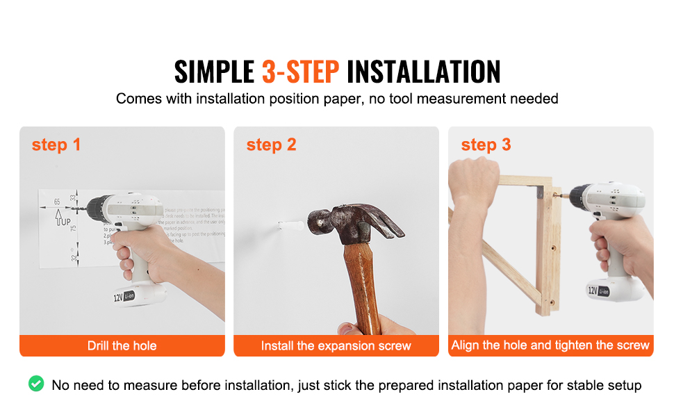 3-step installation guide for VEVOR wall mounted folding table: drill the hole, insert the screw, align and tighten.