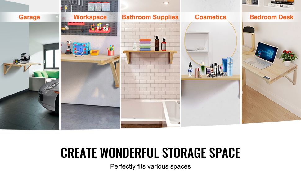 VEVOR wall mounted folding table in garage, workspace, bathroom, cosmetics area, and bedroom desk.