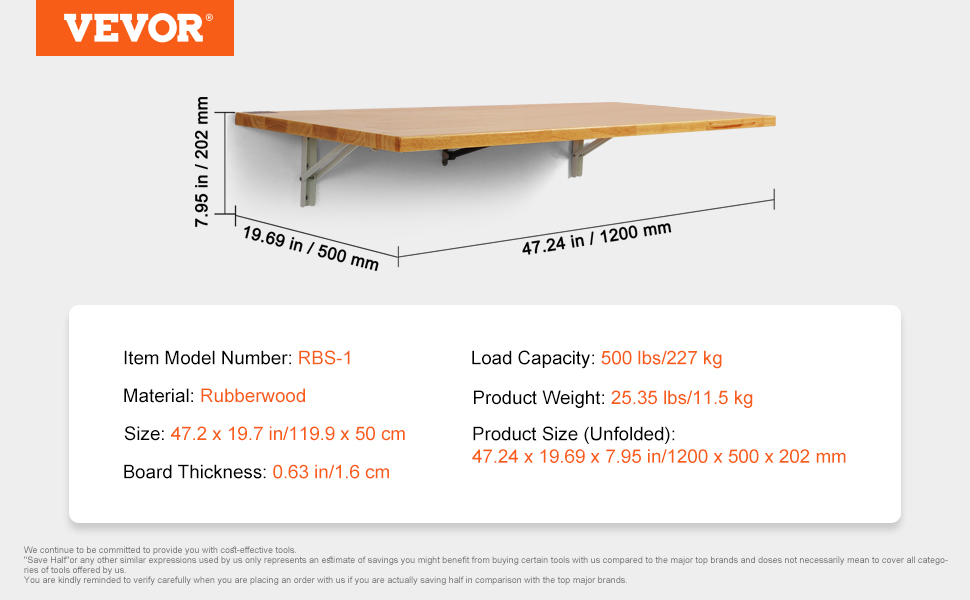 VEVOR wall mounted folding table, rubberwood, 47.24 x 19.69 x 7.95 in, 500 lbs load capacity, rbs-1 model.