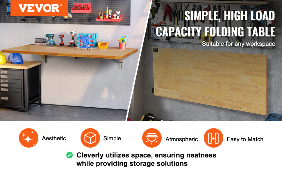 VEVOR wall mounted folding table for workspace, high load capacity, space-saving, and easy to match design.