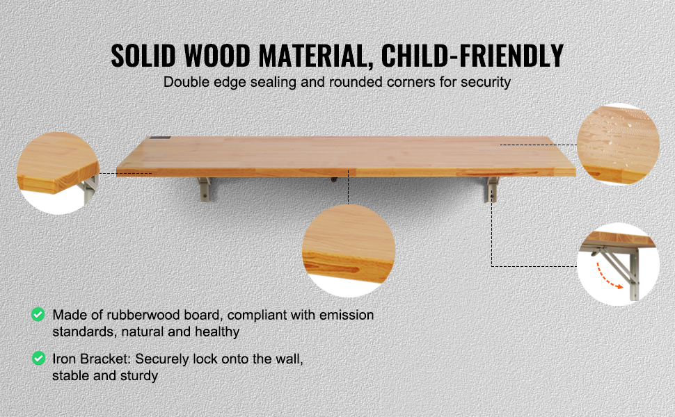 VEVOR wall mounted folding table: solid wood, child-friendly, double edge sealing, secure iron bracket.