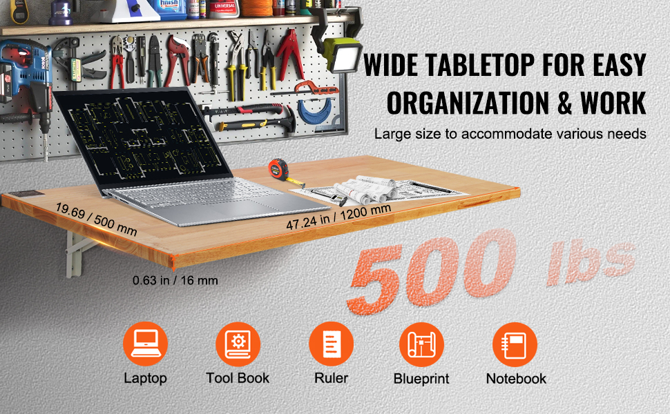 VEVOR wall mounted folding table with tools and laptop, supports up to 500 lbs, ideal for workspace organization.