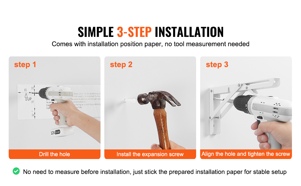 simple 3-step installation for the VEVOR wall mounted folding table: drill, install screw, align, and tighten.