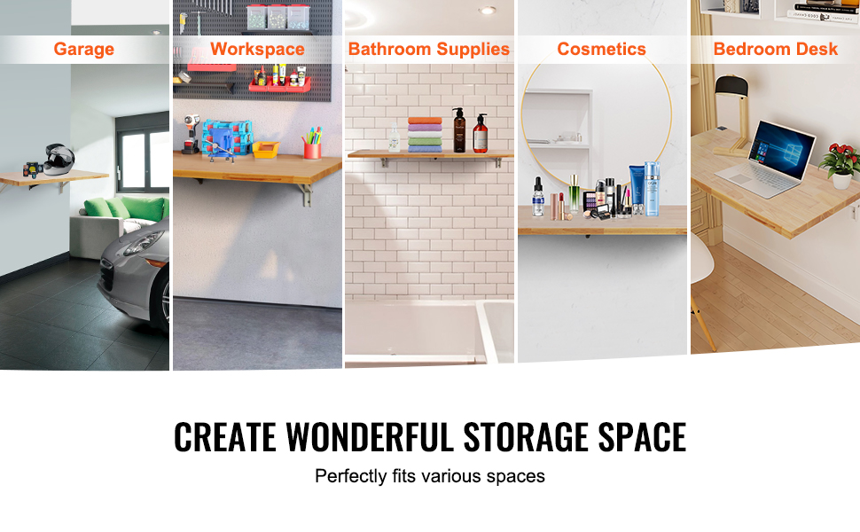 VEVOR wall mounted folding table in garage, workspace, bathroom, cosmetics area, and bedroom desk.