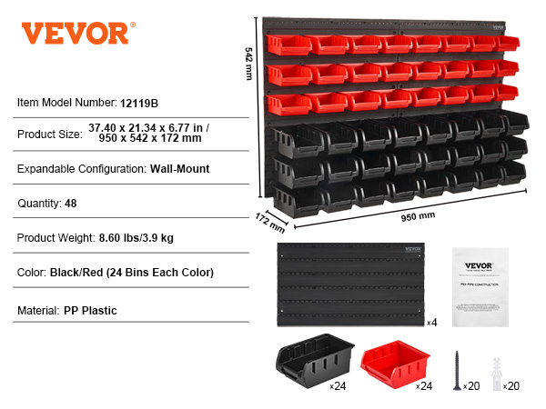VEVOR storage bins with 48 wall-mount bins in black and red, includes hardware and four mounting panels.