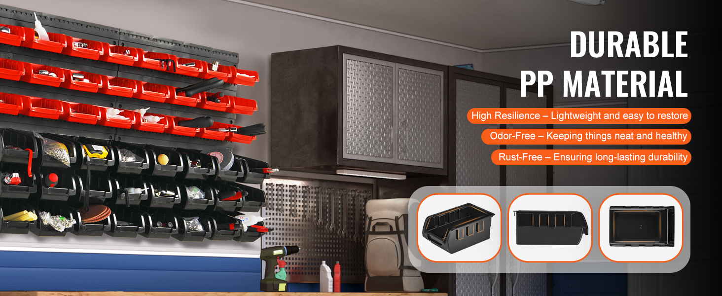 VEVOR storage bins in a garage with red and black bins, featuring durable pp material, multiple compartments.