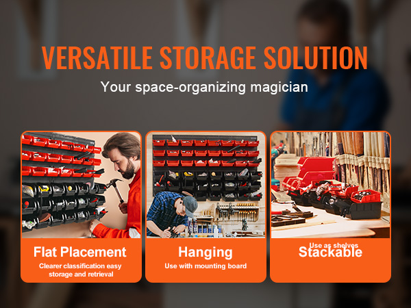 versatile storage solution in bold text with images illustrating flat, hanging, and stackable VEVOR storage bins.