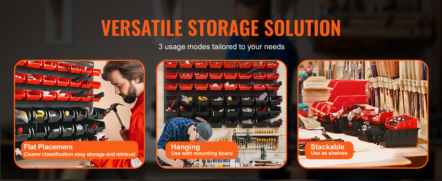 versatile storage solution in bold text with images illustrating flat, hanging, and stackable VEVOR storage bins.