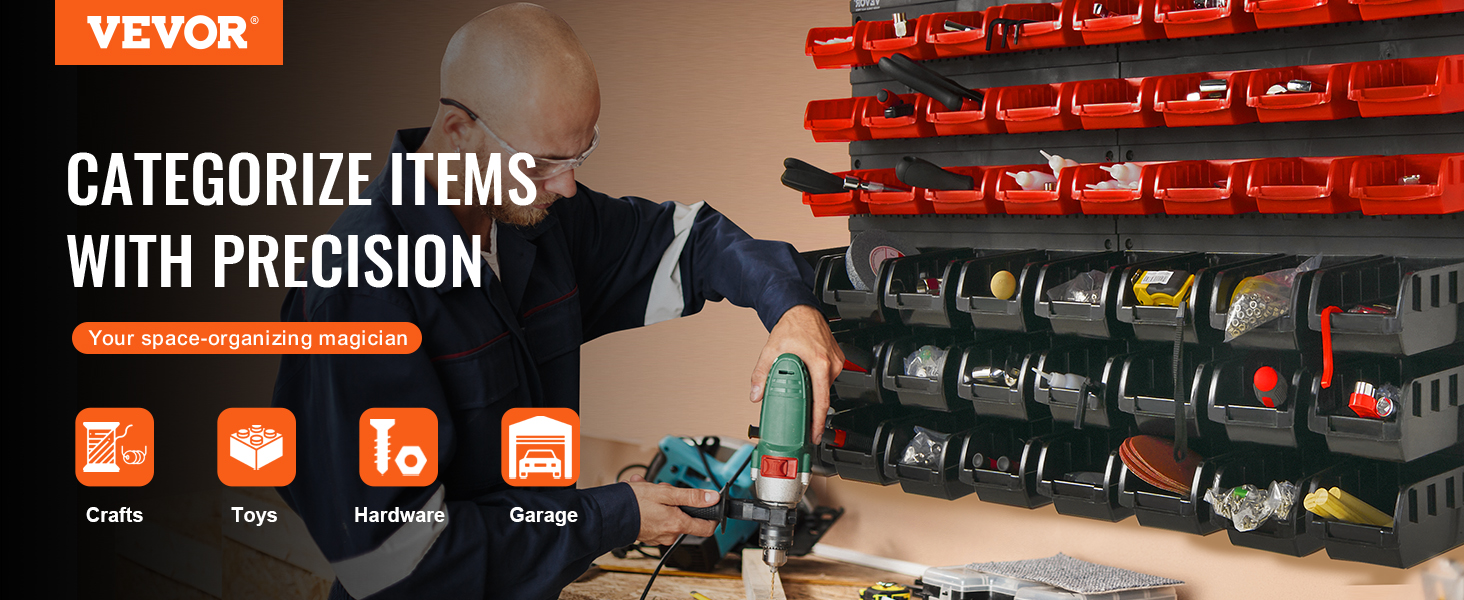 VEVOR storage bins organizing craft, toy, hardware, and garage items with a person using a drill.