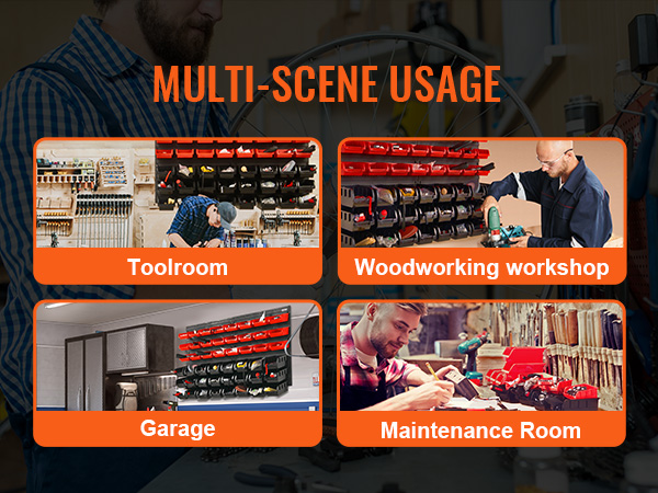 multi-scene uses for VEVOR storage bins in toolroom, woodworking workshop, garage, and maintenance room.