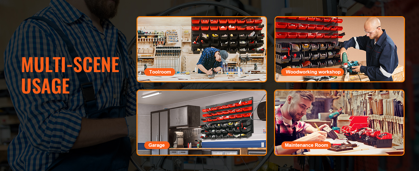 multi-scene uses for VEVOR storage bins in toolroom, woodworking workshop, garage, and maintenance room.