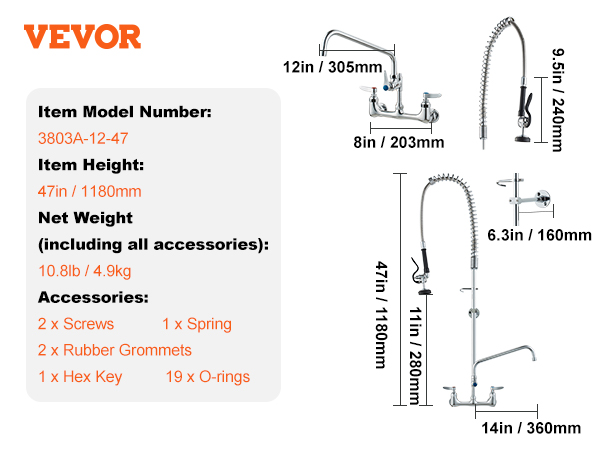 VEVOR commercial faucet with 47in height, 10.8lb weight, multiple adapters, screws, hex key, and o-rings.