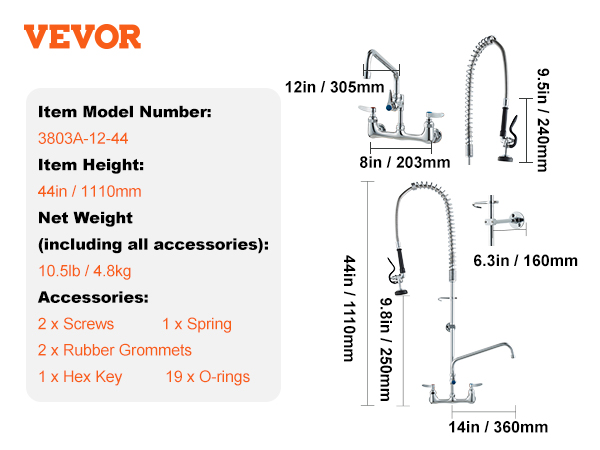VEVOR commercial faucet with measurements and included accessories: screws, rubber grommets, spring, hex key, o-rings.
